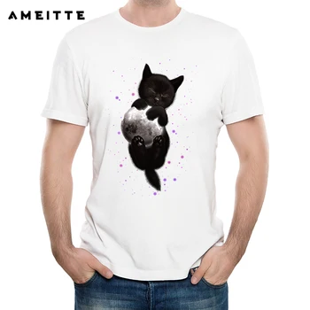 2019 Тениска със забавна котка, обнимающим Луната, върхове с принтом черна котка, летни мъжки тениски с къс ръкав с принтом новости