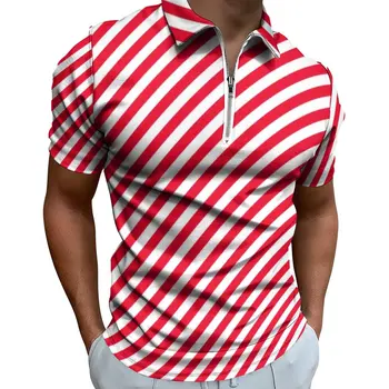Червено-бяла риза с къси ръкави в привлече диагонал ивица, ежедневни риза с коледен елф в червената ивица, забавни мъжки тениски с къс ръкав и яка