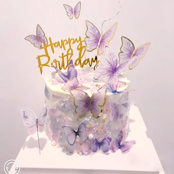 Костюм за торта с лилава пеперуда, десерт, рожден Ден, Happy парти, сватбена украса, знамена за торта с изкуствени цветя, детски душ