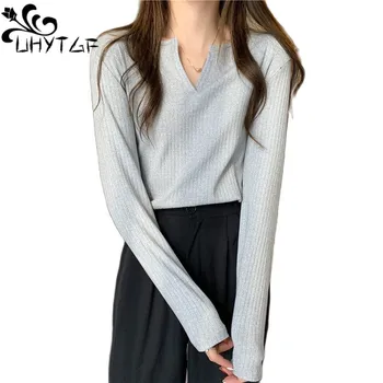UHYTGF, Тънък основен Топ, Женски обикновен пуловер с V-образно деколте, Пролетно-есенна риза, Дамски Тънка Къса тениска с дълъг ръкав, Дамски 307