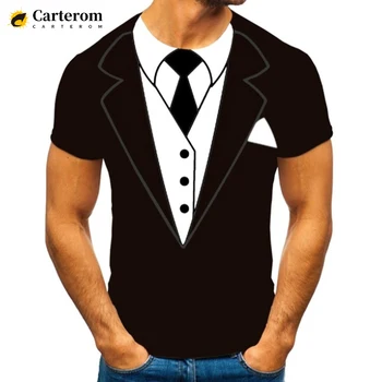 Смокинг, костюм с вратовръзка в ретро стил, тениски с 3D принтом, риза с папийонка, мъжки дамски модни и ежедневни тениска с къс ръкав, забавен фалшив костюм