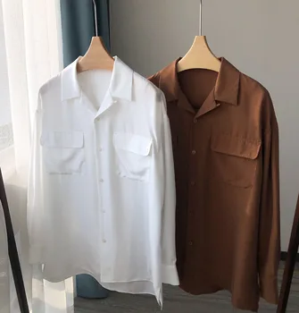 Дамски висококачествен 100% коприна однотонная блуза с двойни джобове и дълъг ръкав, най-риза