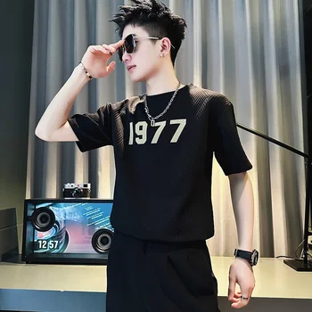 2023 Изискан мъжки модни и ежедневни корейската версия, приталяющая всичко, Красив социален човек, мъжка тениска с кръгло деколте и къс ръкав