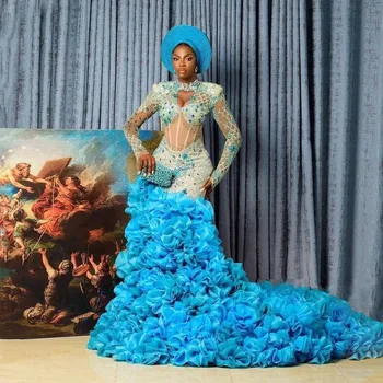 Луксозни мъниста Русалка нигерийски сватбена рокля небето-синьо африкански сватбени рокли с каскадными накъдрен почистване влак рокли Asoebi рокля