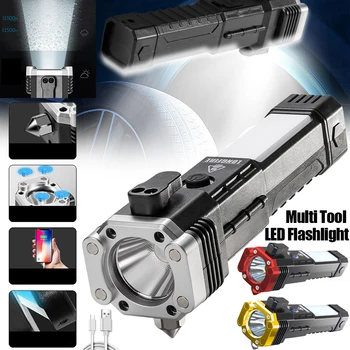 Нова Led със Странична Подсветка COB Safety Hammer Спасителна USB Зареждане с Магнит Многофункционален Мощен Фенер за Къмпинг
