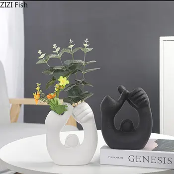 Керамична ваза във формата на юмрук с черен герой, Цветен Режим, за Украса на масата, Изкуствени Цветя, Мат порцеланови вази за цветя
