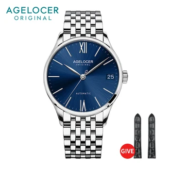 AGELOCER мъжки тънки часовници AGELOCER от неръждаема стомана с автоматичен механичен аналогов календар, бизнес облекло, ежедневни часовници лукс от най-добрите на марката