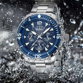 Луксозни сини часовници за мъже, най-добрата марка BIDEN 3ATM, водоустойчив класически златисто-син хронограф, бизнес мъжки ръчни часовници, подаръци за мъже
