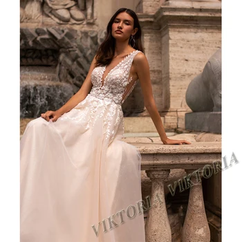 Сватбена рокля VIKTORIA Boho на бретелях без ръкави с отворен гръб за жени, сватбени фатиновые апликация трапецовидна форма, Vestidos De Новия, поръчкови