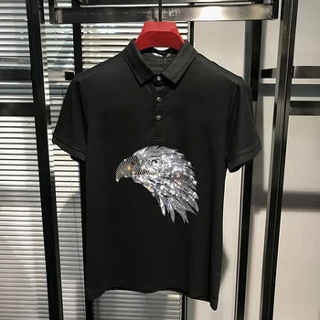 Нова дизайнерска мъжка тениска с индивидуален дизайн-къс ръкав, чист цвят, модален памучно поло с диаманти, бизнес hoody, тенденция