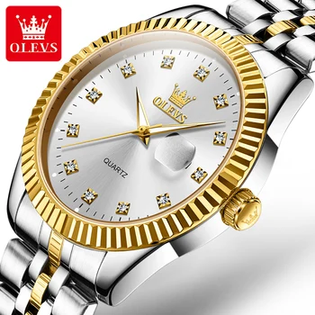 OLEVS 5526 Водоустойчив модерен мъжки часовник с каишка от неръждаема стомана, кварцов луксозни мъжки ръчен часовник с диаманти, светлинен календар