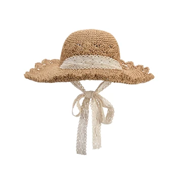Сламена шапка от лафита, дамска плажна шапка с френски дантели, лятна плажна солнцезащитная шапка, празнична сгъваема сламена шапка от слънцето, дамска шапка