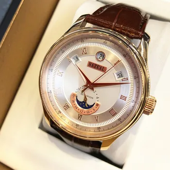 Бизнес механичен мъжки часовник HAZEAL Модерни автоматични мъжки часовник от естествена кожа, С дисплей за дата на седмица И сапфирено стъкло Мъжки часовник