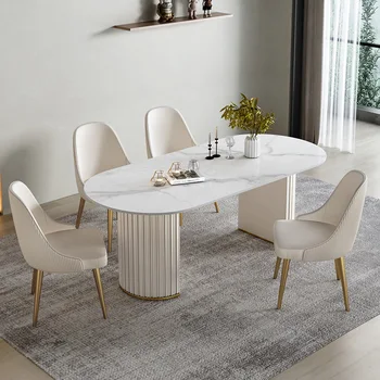 Лесен луксозна маса за хранене върху каменната плоча и стол, комбинация от модерен проста маса, овална маса за хранене, география