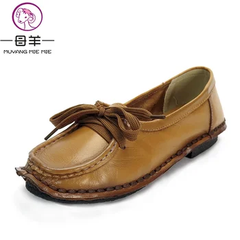 Дамски обувки ръчна изработка от естествена кожа, MUYANG, женски лоферы на равна подметка с шнур, меки удобни дамски обувки на плоска подметка