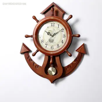 Стенни часовници Часовници за всекидневна, домашни часовници, стенни творчески леки луксозни кварцови часовници в европейски стил кормилото на лодката от масивна дървесина
