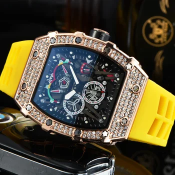 3-контактни автоматични часовници с диаманти, мъжки часовници, луксозни пълнофункционален кварцови часовници, силиконов каишка за часовник, подарък