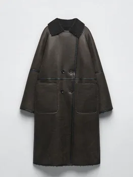 Ретро двубортный джоб с ревери, женски двустранно палто с дълъг ръкав, дамски качествена дълга ветровка