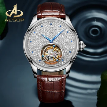 Часовници AESOP с настоящото турбийоном, кафява кожена каишка мъжки механични часовници, двустранно сапфирен кристал, звезден циферблат, водоустойчив часовници