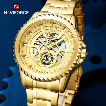 NAVIFORCE Луксозни златни часовници, мъжки модни творчески часовник с циферблат, водоустойчив бизнес кварцов ръчен часовник от неръждаема стомана с датата на