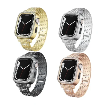 каишка за часовник Apple watch поколение 1-8 40 44 41 45 мм с вградена метална два реда на веригата с диаманти