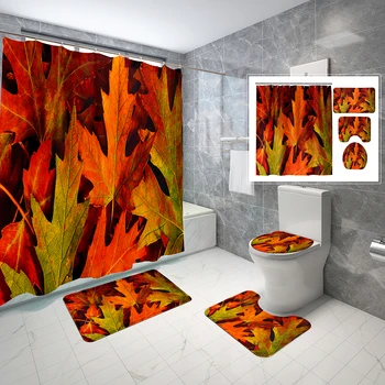Листа, комплект завеси за душ, есента червен кленов лист, нескользящий подложка за баня, водоустойчив завеса за душ, на капака на тоалетната чиния, Комплект от 4 теми