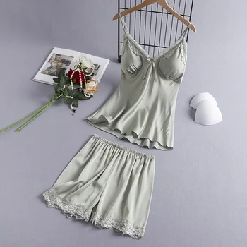 Комплект от две части, Лятна лейси пижама в стил мозайка, дамски сатен нощница с V-образно деколте, комплект за сън, дамски дрехи, Домашно облекло