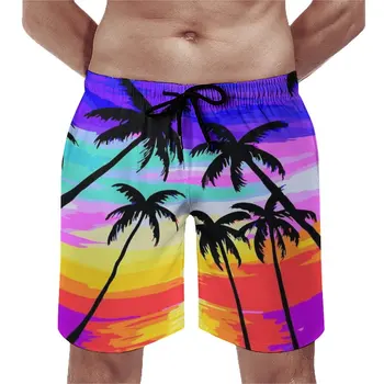 Индивидуални плажни шорти Плажни шорти, вързани с въже към тропическа кокосова палма, Забавни къси панталони с цветен модел, Мъжки къси панталони за парти на басейна