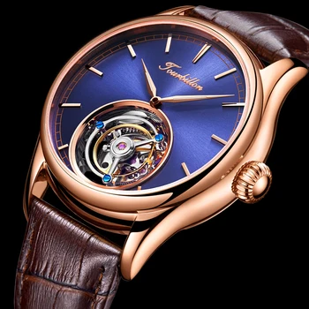 Бизнес мъжки ръчен часовник с турбийоном, естествена кожа, оригинални сапфирен кристал, мъжки механични часовници, водоустойчиви часовници
