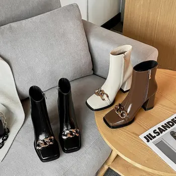Модни дамски обувки 2022, новост есента и зимата, къси ботуши с квадратни пръсти на дебелите обувки, детски ботуши-малки тръби на висок ток