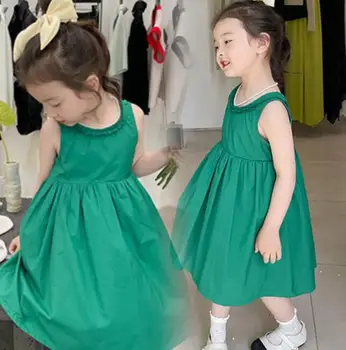 Детски дрехи зелена рокля за момичета Сладка принцеса зелена красива рокля без ръкави бебешка рокля