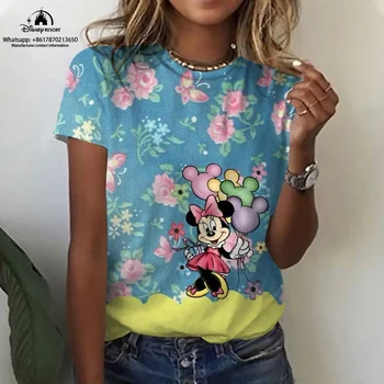 Годишна жена плажно парти, Новата модерна ежедневна тениска с кръгло деколте и шарките на Мики и Мини маус, аниме 