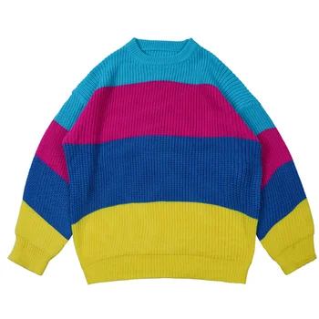 Пуловер, мъжки есенни пуловер райе с кръгло деколте, уличен пуловер в стил харадзюку ретро, оверсайз, вязаный пуловер за двойки, спортен костюм