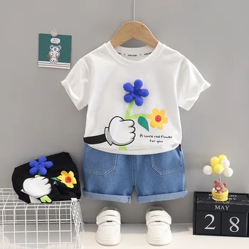 Детски летен комплект с къси ръкави за момичета, нова тениска с кръгло деколте и цветисти принтом, дънкови шорти, модерен комплект от две части