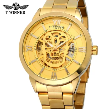 Модерен победител, най-добрата марка, класически луксозни механични часовници с позлатени виртуален скелет, мъжки висококачествени часовници е от неръждаема стомана, подарък за доставка