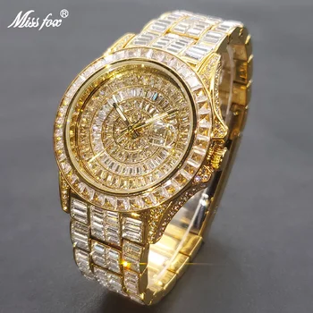 Горещи мъжки часовници с муассанитом, злато, оригинален дизайн, механични часовници с автоматично дата от неръждаема стомана, луксозни кристални флуоресцентни часовници