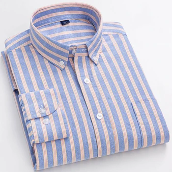Мъжки ежедневни ризи Оксфорд в клетката и райе с дълъг ръкав, с един накладным джоб, удобен памучен риза стандартен намаляване на копчета