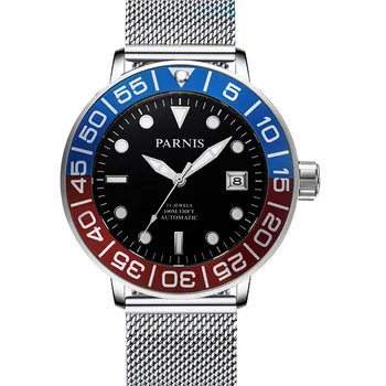 Модни Parnis 42 мм Син Червен bezel мъжки автоматично механичен часовник календар светещи луксозни мъжки часовник reloj hombre Часовници подарък