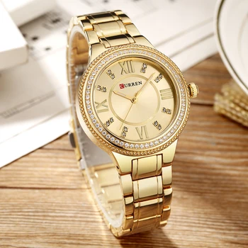 Curren Женски луксозни маркови часовници 2021, Рокля с диаманти, златни дамски часовници, водоустойчиви часовници е от неръждаема стомана, Relogio Feminino 2021