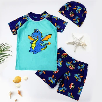 Бански за малки момчета с принтом малък динозавър, 3 предмет, плаващ костюм, детски костюм за сърф, детски плажни дрехи, с анимационни герои