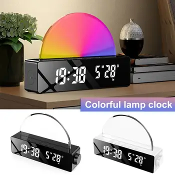 1 Комплект разноцветни светлинни часа, двоен будилник, с регулируема яркост, огледало за показване на времето, лампата за събуждане при изгрев слънце, разсеяна светлина за домашна употреба