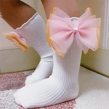 Детски чорапи за деца от 1-8 години, сладки чорапи принцеса с лък за момичета, дантелени памучни чорапи с перли в стила на перлите