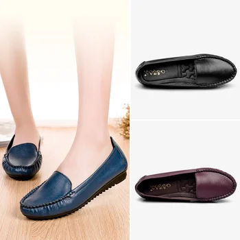 Дамски обувки-големи размери, Нескользящая обувки на плоска подметка с мека подметка, Дамски обувки на плоска подметка от 100% естествена кожа, 2023, мека Удобна