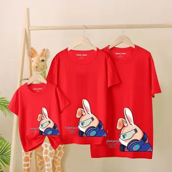 Памучен тениска за майки и дъщери с анимационни заек 2023, семейни летни тениски за възрастни и деца, еднакви комплекти за семейството, семейния облекло