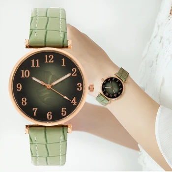 Прости Зелени листа Цифров стил 2023 Нови дамски маркови кварцов часовник с всекидневния кожена каишка, дамски часовници, часовници под роклята