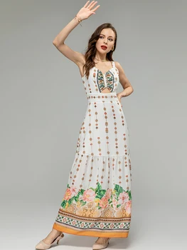 MoaaYina, модерно дизайнерско лятото винтажное рокля на спагети презрамки с големи распашками, женствена рокля с висока талия и цветисти принтом, рокля с рюшами хем
