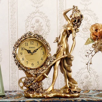 Часовник в ретро стил от смола, настолни часовници, статуетка на богиня, кварцов настолни часовници, без звук, европейски старинни занаяти часовници, декорация за дома, хол