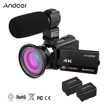 Цифрова видеокамера Andoer 4K 1080P 48MP WiFi, камера-рекордер с макрообъективом, външен микрофон, 16-кратно цифрово увеличение