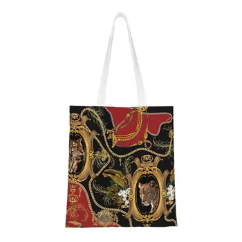 Пазарска чанта със златен модел в стил барок, дамски холщовая чанта-тоут, моющаяся главата леопард, тропически листа и чанти за пазаруване на веригата