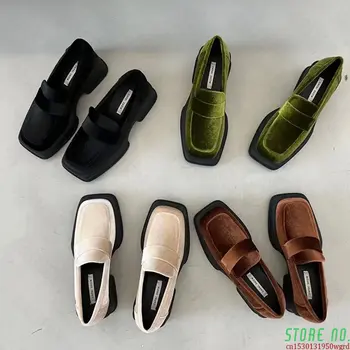 Дамски обувки с квадратни пръсти, есенна обувки на равна подметка, новост 2023 г., дамски обувки на платформа от велур в стил 